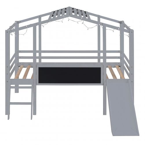 Twin Size Loft Bed With Ladder, Slide, Blackboard And Light Strip On The Roof