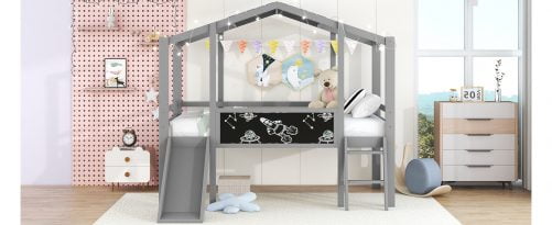 Twin Size Loft Bed With Ladder, Slide, Blackboard And Light Strip On The Roof