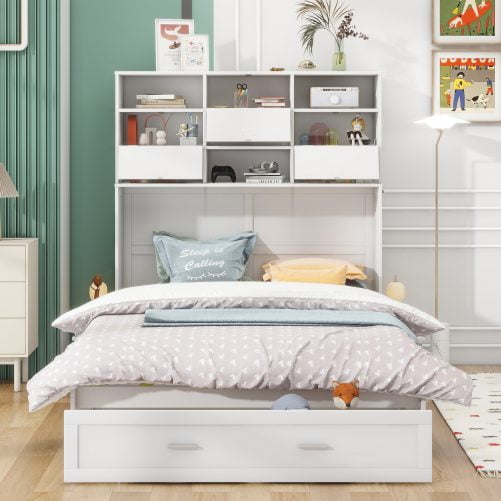 Queen Size Murphy Bed with Bookcase, Bedside Shelves and a Big Drawer