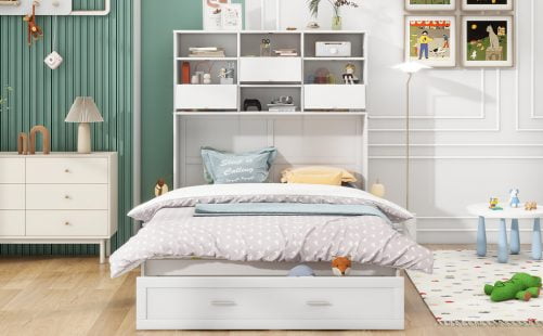 Queen Size Murphy Bed with Bookcase, Bedside Shelves and a Big Drawer