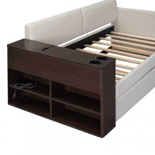 Twin Size Upholstery Daybed with Storage Arm, Trundle, Cup Holder and USB Design