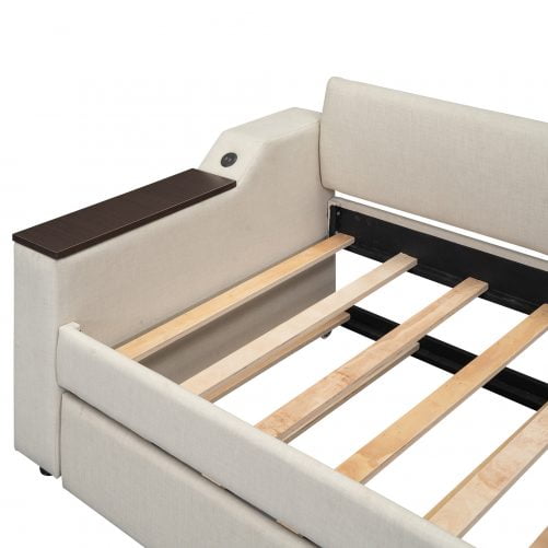 Twin Size Upholstery Daybed with Storage Arms, Trundle and USB Design