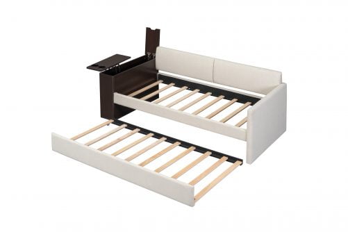 Twin Size Upholstery Daybed with Storage Arm, Trundle, Cup Holder and USB Design