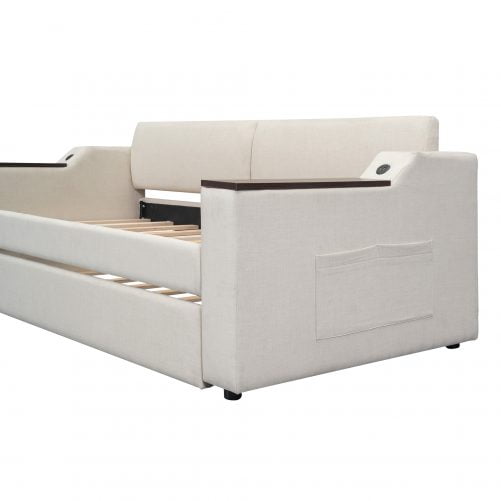 Twin Size Upholstery Daybed with Storage Arms, Trundle and USB Design