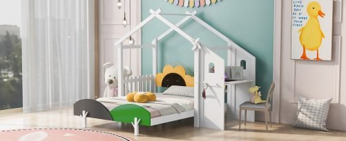 House Shape Full Size Platform Bed With Windmill And Flower Decor