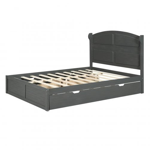 Wood Queen Size Platform Bed with Twin Size Trundle and 2 Drawers