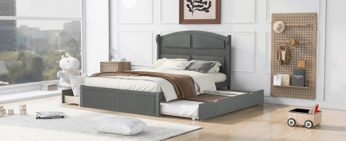 Wood Queen Size Platform Bed with Twin Size Trundle and 2 Drawers