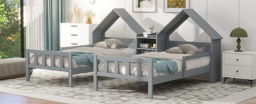 Double Twin Size Platform Bed with House-shaped Headboard and a Built-in Nightstand