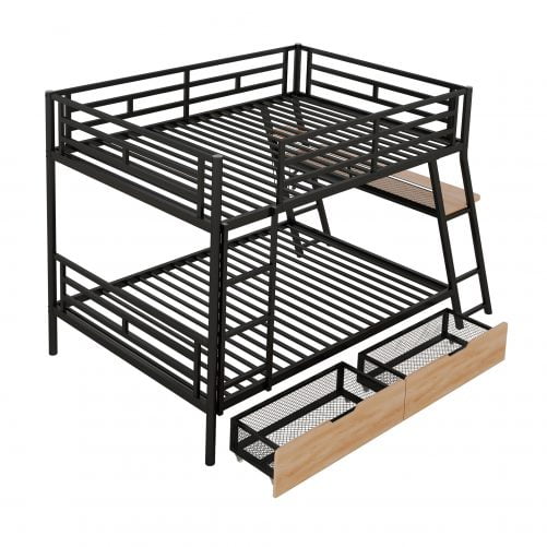 Full Size Metal Bunk Bed with Built-in Desk, Light and 2 Drawers