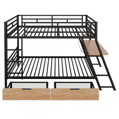 Full Size Metal Bunk Bed with Built-in Desk, Light and 2 Drawers