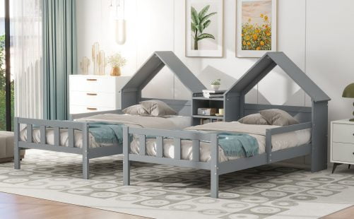 Double Twin Size Platform Bed with House-shaped Headboard and a Built-in Nightstand