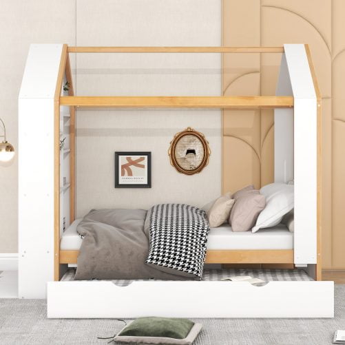 Twin Size House Platform Bed with Storage Shelves and Twin Size Trundle