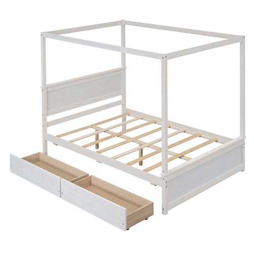 Full Size Wood Canopy Bed With Two Drawers