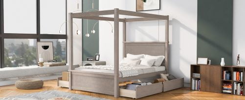 Full Size Wood Canopy Bed With Four Drawers