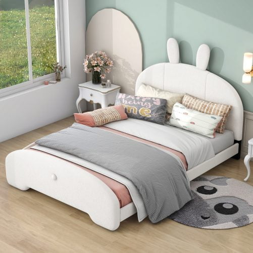 Full Size Upholstered Platform Bed with Cartoon Ears Shaped Headboard
