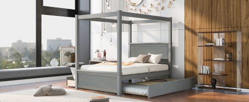 Full Size Wood Canopy Bed With Trundle Bed And Two Drawers