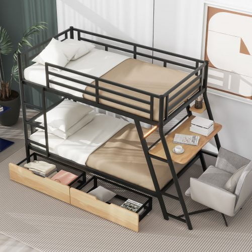 Twin Size Metal Bunk Bed with Built-in Desk, Light and 2 Drawers