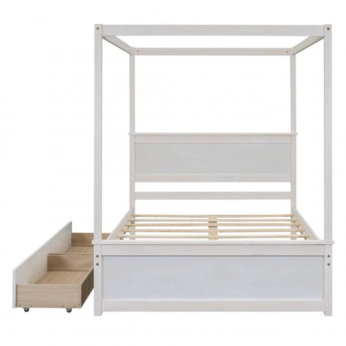 Full Size Wood Canopy Bed With Two Drawers