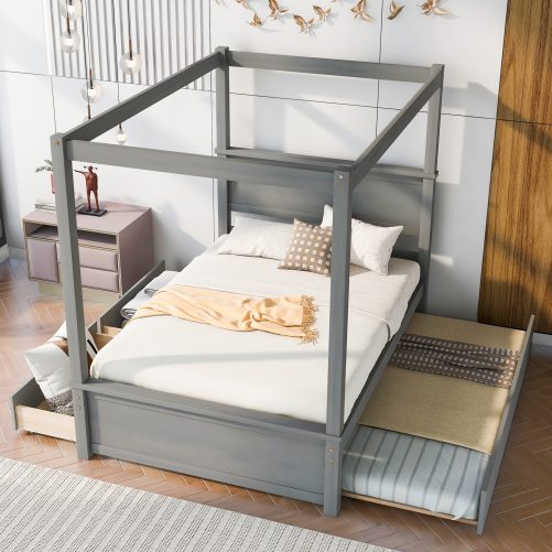 Full Size Wood Canopy Bed With Trundle Bed And Two Drawers