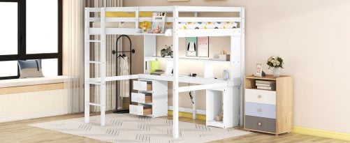 Full Size Loft Bed With Multi-Storage Desk, LED Light, Bedside Tray  And Charging Station