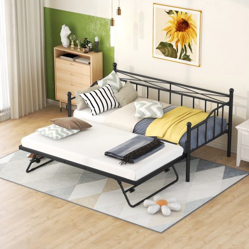 Twin Size Metal Daybed With Twin Size Adjustable Trundle