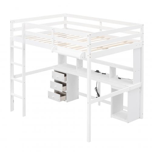 Full Size Loft Bed With Multi-Storage Desk, LED Light, Bedside Tray  And Charging Station