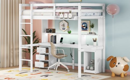 Twin Size Loft Bed With Multi-Storage Desk, LED Light, Bedside Tray And Charging Station