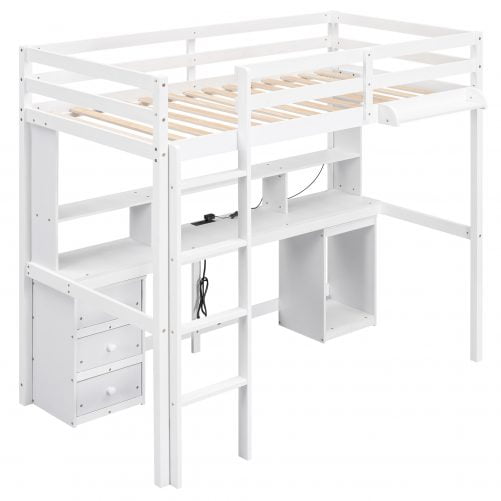Twin Size Loft Bed With Multi-Storage Desk, LED Light, Bedside Tray And Charging Station