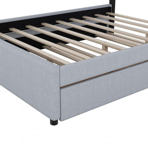 Queen Size Upholstered Storage Platform Bed With Twin Size Trundle, 2 Drawers, LED And USB Charging