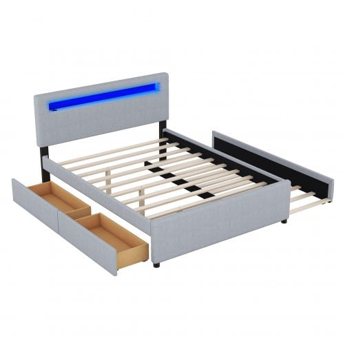 Queen Size Upholstered Storage Platform Bed With Twin Size Trundle, 2 Drawers, LED And USB Charging
