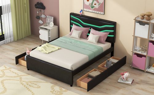 Queen Size Upholstered Storage Platform Bed with LED, 4 Drawers and USB Charging