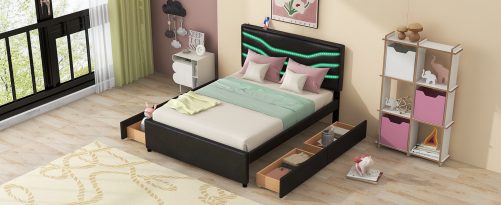 Queen Size Upholstered Storage Platform Bed with LED, 4 Drawers and USB Charging