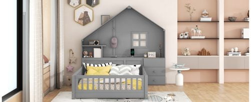 Full Size House Bed with Window and Bedside Drawers