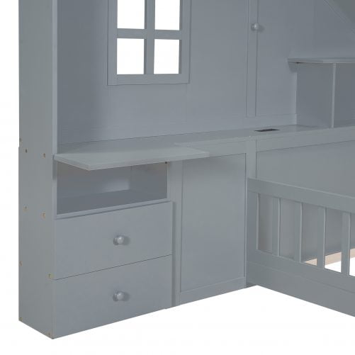 Twin Size House Bed With Window And Bedside Drawers