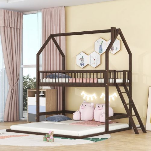 Twin Over Twin-Twin House Bunk Bed With Extending Trundle And Ladder