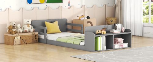 Twin Size Floor Bed with Storage Footboard and Guardrail