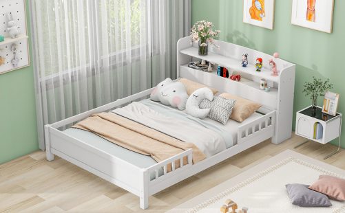 Wood Full Size Platform Bed with Built-in LED Light, Storage Headboard and Guardrail