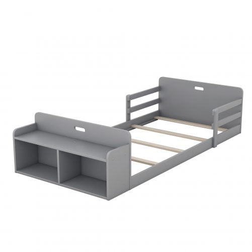 Twin Size Floor Bed with Storage Footboard and Guardrail