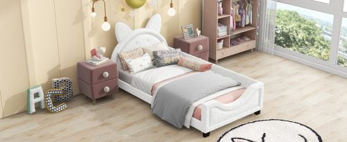 Teddy Fleece Twin Size Upholstered Daybed With Carton Ears Shaped Headboard