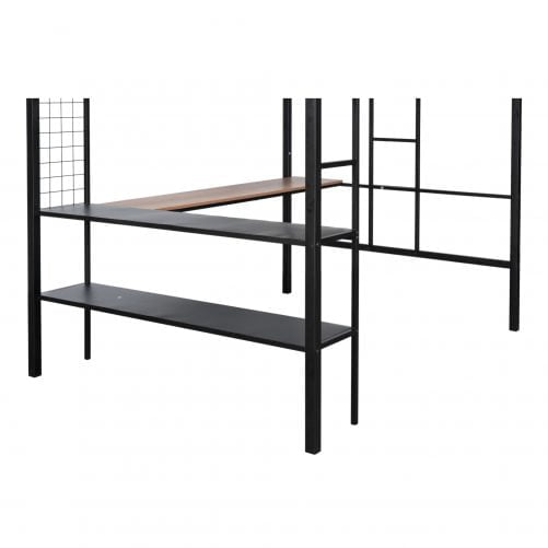 Metal Full-sized Loft Bed with Wood Slat, Textilene Guardrail & Built-in Desk & 2-tier Shelves