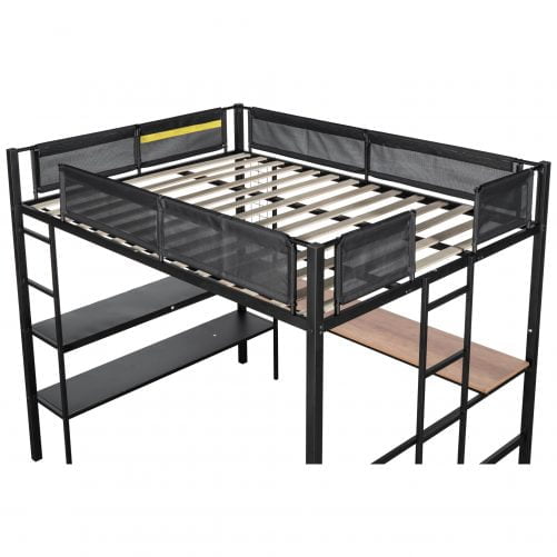 Metal Full-sized Loft Bed with Wood Slat, Textilene Guardrail & Built-in Desk & 2-tier Shelves