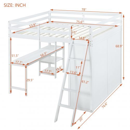 Full Size Loft Bed With Wardrobe, Desk And Shelves