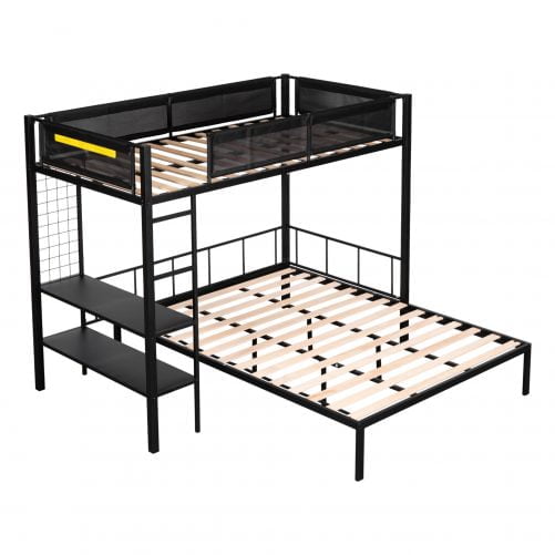 Metal Twin over Full Bunk Bed with Separated Full Bed, Grid Panel & Shelf