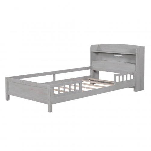 Wood Twin Size Platform Bed with Built-in LED Light, Storage Headboard and Guardrail