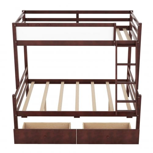 Wood Twin Over Full Bunk Bed With Whiteboard, 3 Hooks And 2 Drawers