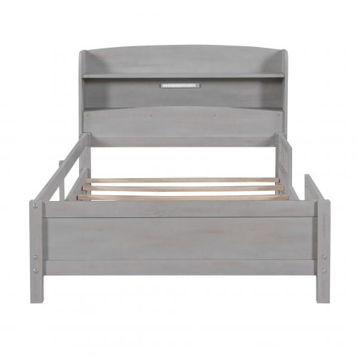 Wood Twin Size Platform Bed with Built-in LED Light, Storage Headboard and Guardrail