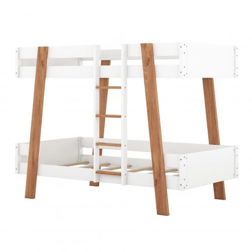 Wood Twin Size Bunk Bed With Built-in Ladder And 4 Wood Color Columns
