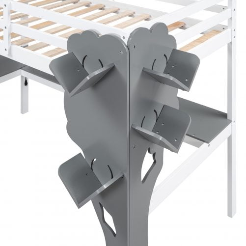 Twin Size Loft Bed with L-shaped Desk,Tree Shape Bookcase and Charging Station