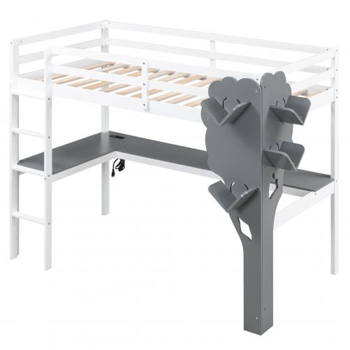Twin Size Loft Bed with L-shaped Desk,Tree Shape Bookcase and Charging Station