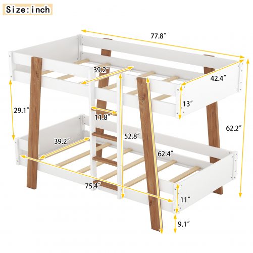 Wood Twin Size Bunk Bed With Built-in Ladder And 4 Wood Color Columns